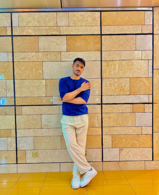 Navy bule full sleeve shirts + White sneakers + Cream dress pant