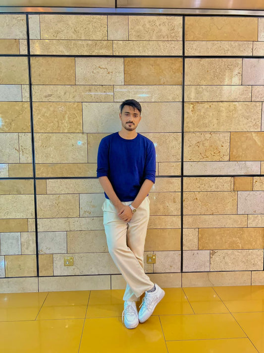 Navy bule full sleeve shirts + White sneakers + Cream dress pant